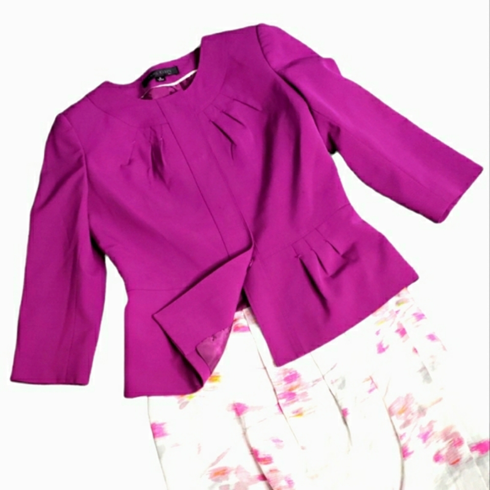 Anne Klein Tailored Lady Jacket Rich Fushia Tucks Snap Front Peplum Blazer